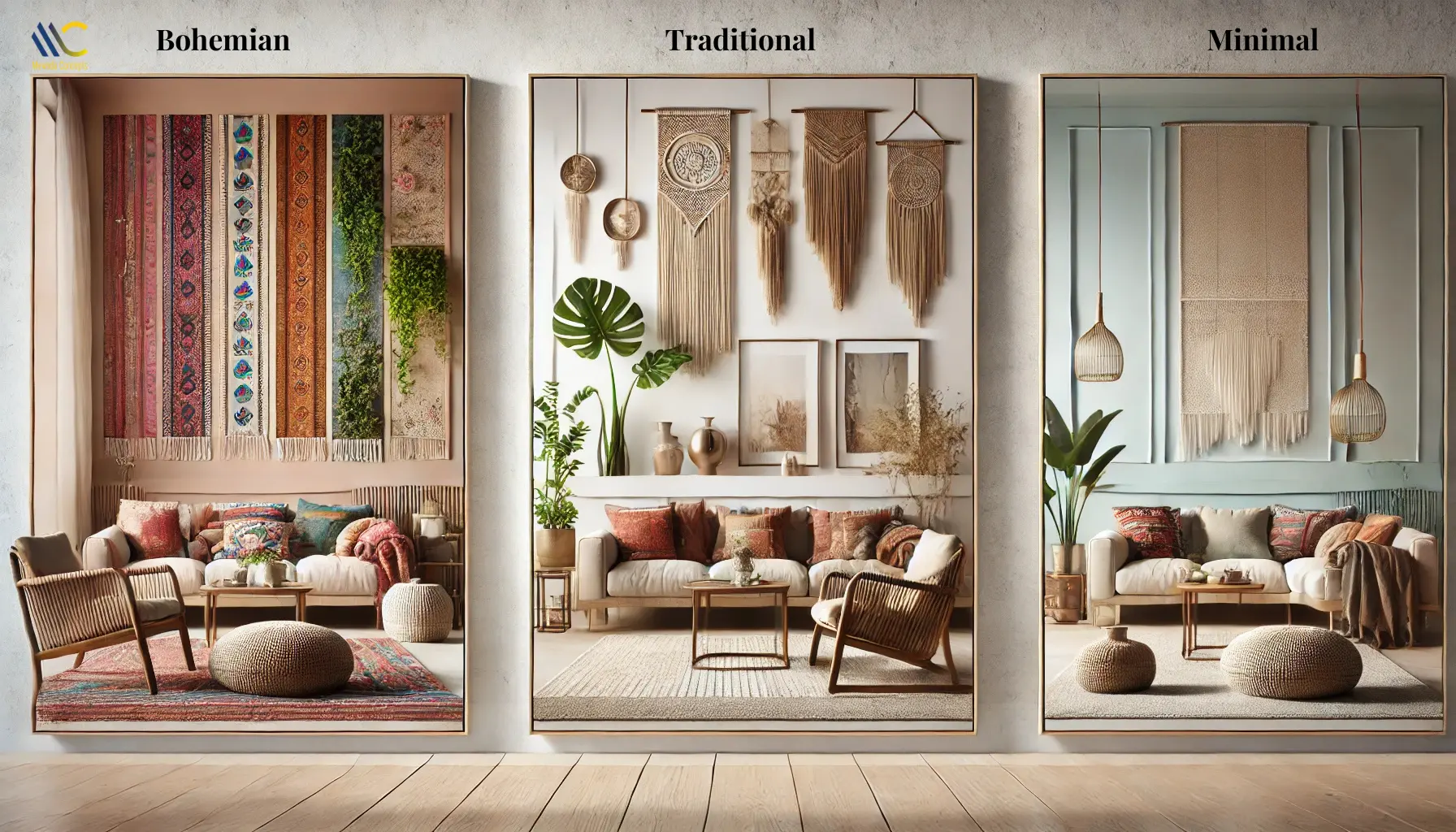 Bohemian, Minimal and Traditional interior design styles