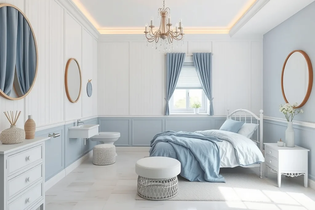 Soft blue and warm whites in bedroom interior
