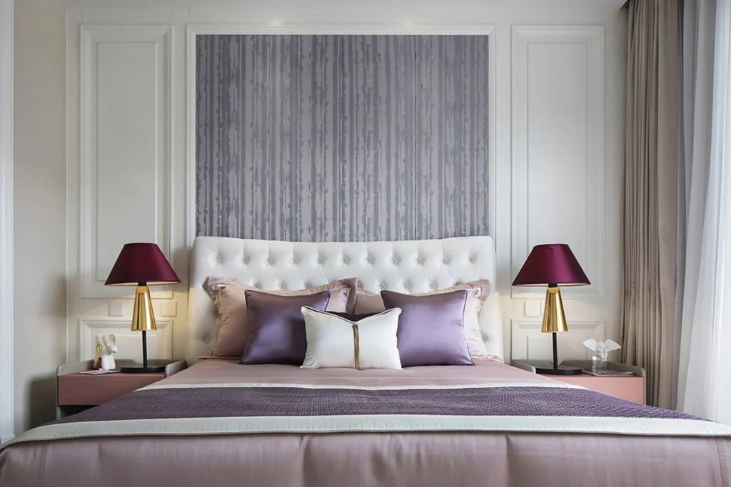 Lavender and light grey in bedroom interiord