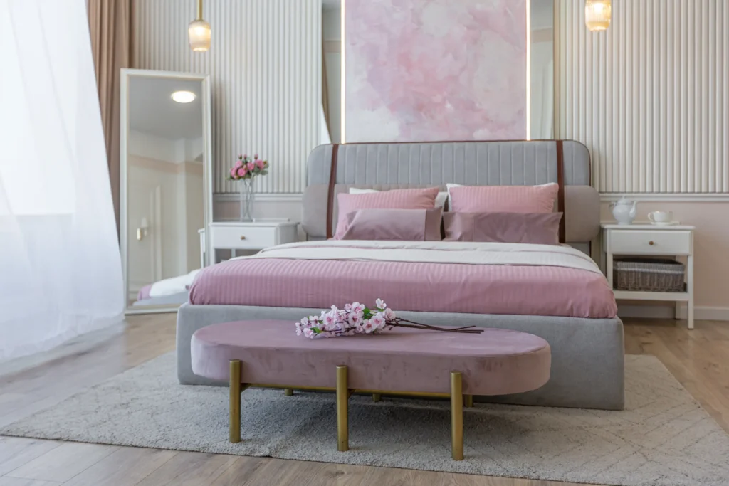 Warm Greys and Blush Pinks in bedroom interiors