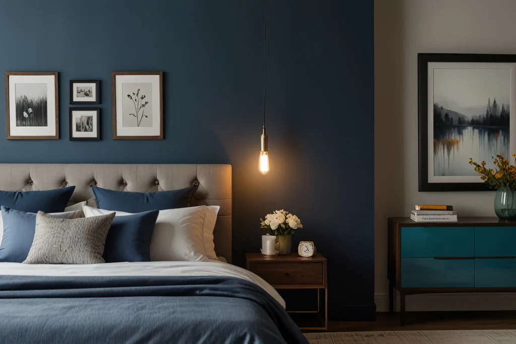 Deep navy and warm neutrals in bedroom interiors