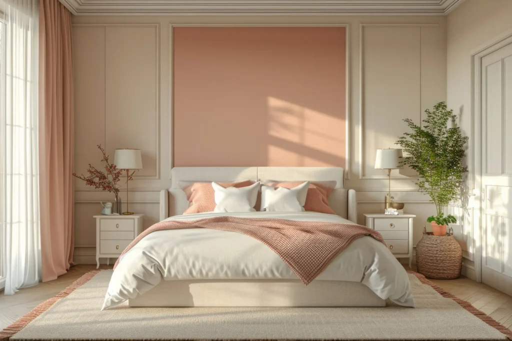 Soft peach and creamy white in bedroom interiors