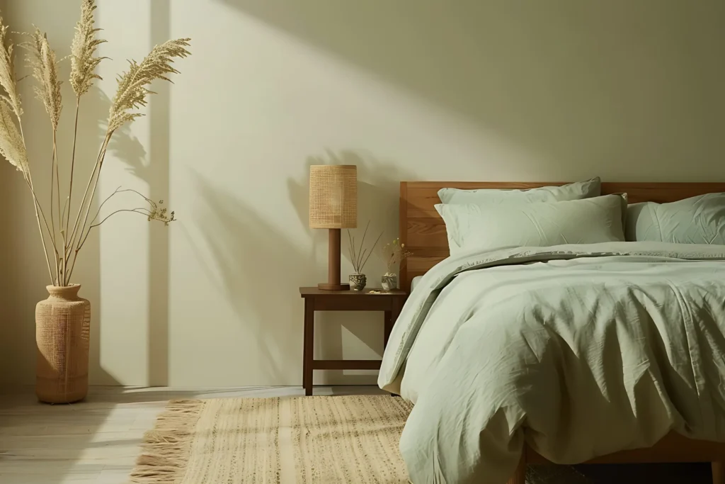 Muted greens and earthy neutrals in bedroom interiors