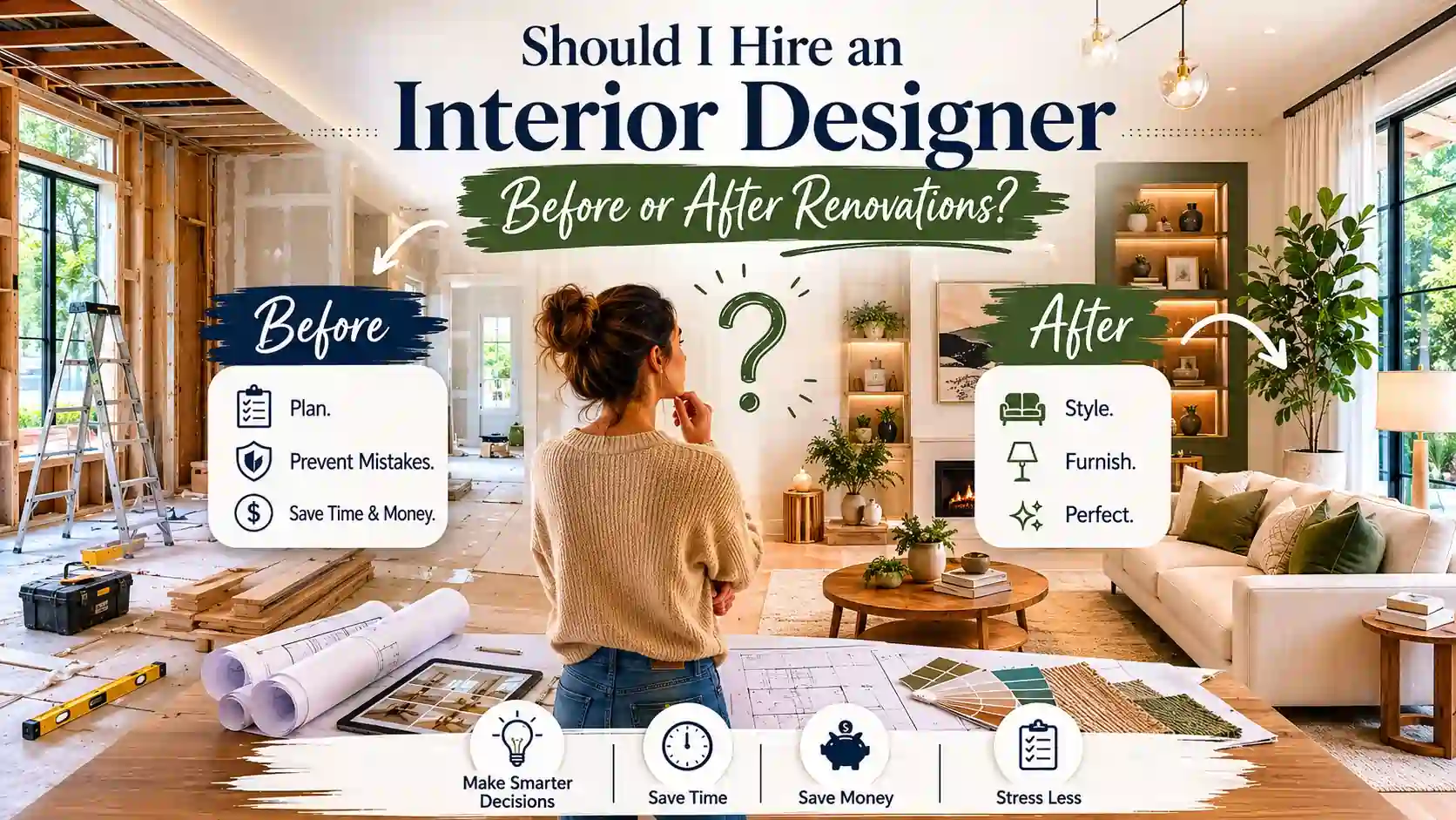 Women thinking about whether to hire the interior designer before or after renovations.