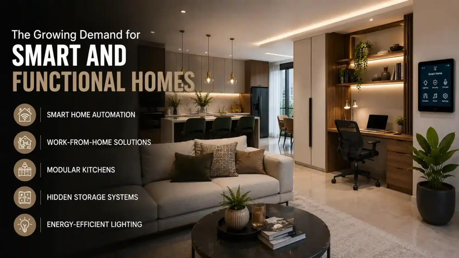 The Growing Demand for Smart and Functional Homes Smart Home Automation Work-From-Home Solutions Modular Kitchens Hidden Storage Systems Energy-Efficient Lighting